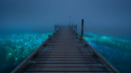 Fototapeta premium A foggy night view of a wooden pier stretching into the calm water