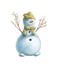 Snowman with a scarf and hat stands cheerfully in a winter landscape surrounded by seasonal charm and festive spirit