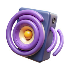 Abstract 3d music speaker emitting vibrant purple soundwaves and golden audio waves transparent background
