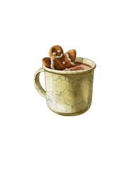 Warm cup of cocoa topped with gingerbread cookies during winter afternoon at cozy home