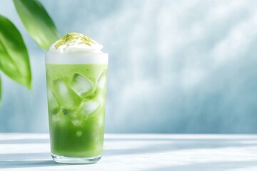 Fototapeta premium Refreshing iced matcha latte with ice cubes and green tea leaves on a wooden coaster