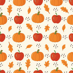 Seamless thanksgiving pumpkin pattern with apples, autumn leaves, harvest seasonal design on white background for fabric, wallpaper, packaging and decor