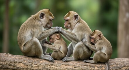 Obraz premium Family of Macaque Monkeys Grooming on a Branch in Lush Green Forest