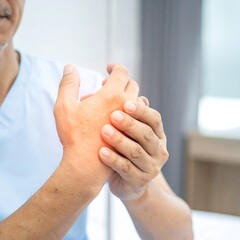 Close-up view of a person holding their painful wrist, highlighting the tenderness in the joint area.