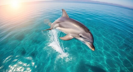 Naklejka premium Bottlenose Dolphin Jumping Out of Crystal Clear Turquoise Water at Sunrise