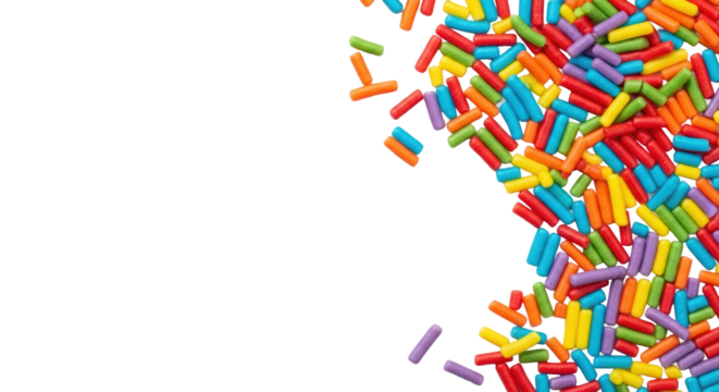 Tiny glossy rainbow sugar sprinkles scattered on a transparent background with copy space, brightly lit top-down photorealistic, festive celebration atmosphere