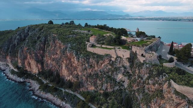 Aerial Mediterranean seascape from Paralia Arvanitias beach Palamidi cliff winter in Nafplio