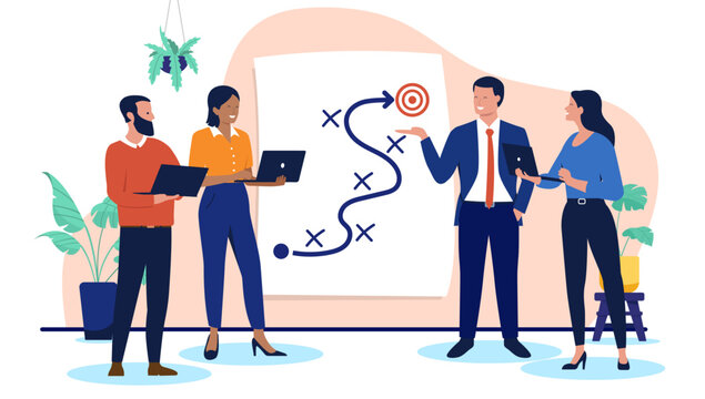 A modern flat design vector illustration of a diverse business team collaborating on a strategic plan to achieve a common goal in the office