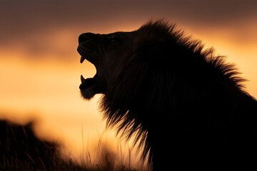 Naklejka premium Side view of a lion roaring at dusk, thick mane silhouetted by glowing amber and charcoal sky