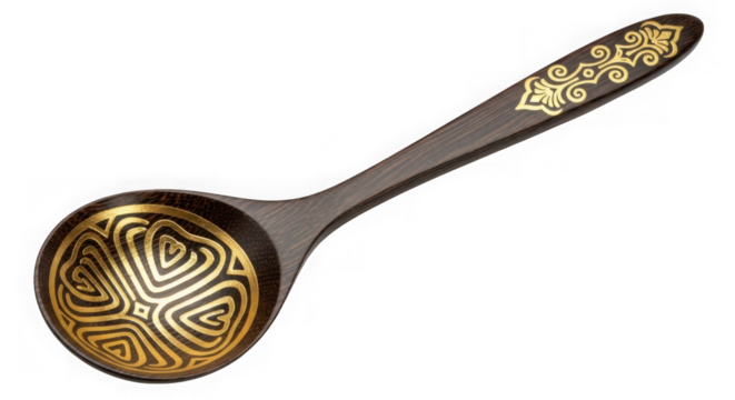 Wooden spoon with golden pattern isolated on transparent background