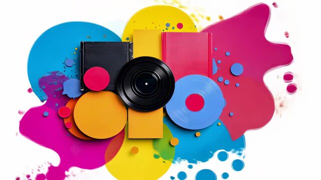 colorful vinyl records and geometric shapes with splashes