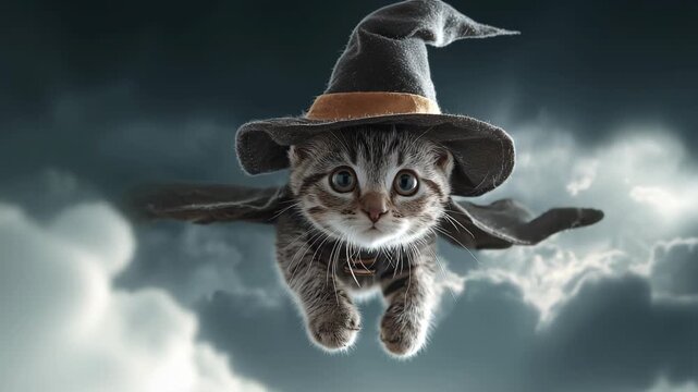 cute kitten wearing halloween hat and witch cape flying in air like superhero, frontal view, dark sky with clouds background
