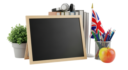 Isolated Classroom Scene with Chalkboard and British Flag