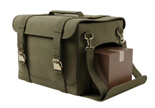 Sturdy olive green canvas delivery bag, metal buckles, reinforced straps, partially open, dark box inside, natural creases, transparent studio background, Logistics concept.