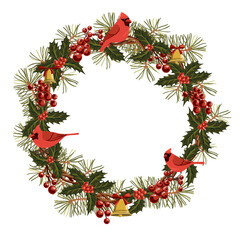 vector drawing Christmas wreath with leaves and berries of holly and fir branches with green needles and cones and red cardinal birds and golden bell, hand drawn illustration