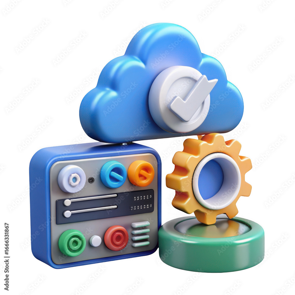 Poster 3d rendering of retro radio cloud storage and gear on transparent background isolated on transparent