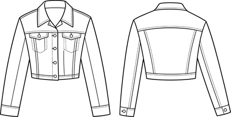 Blank denim jacket fashion flat sketch, front and back technical drawing template, long sleeve outerwear apparel vector illustration for clothing design and fashion