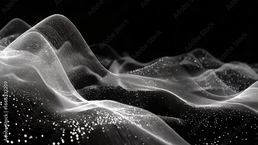 Poster abstract soundscape: a mesmerizing digital rendering showcases a flowing wave of lines and particles