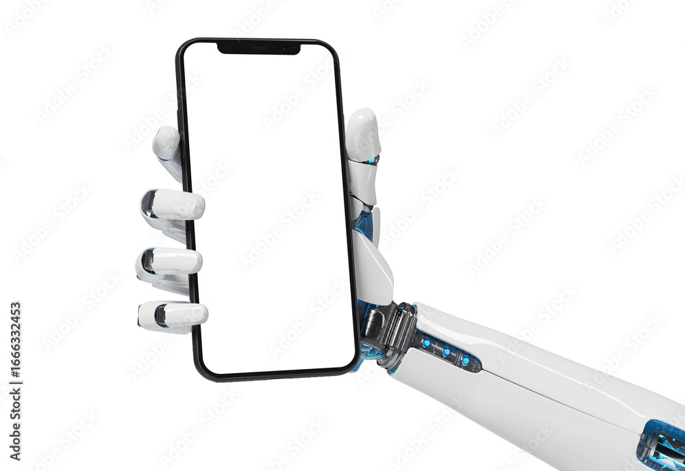 Aufkleber white robot hand holding modern smartphone isolated on transparent background mockup 3d rendering
