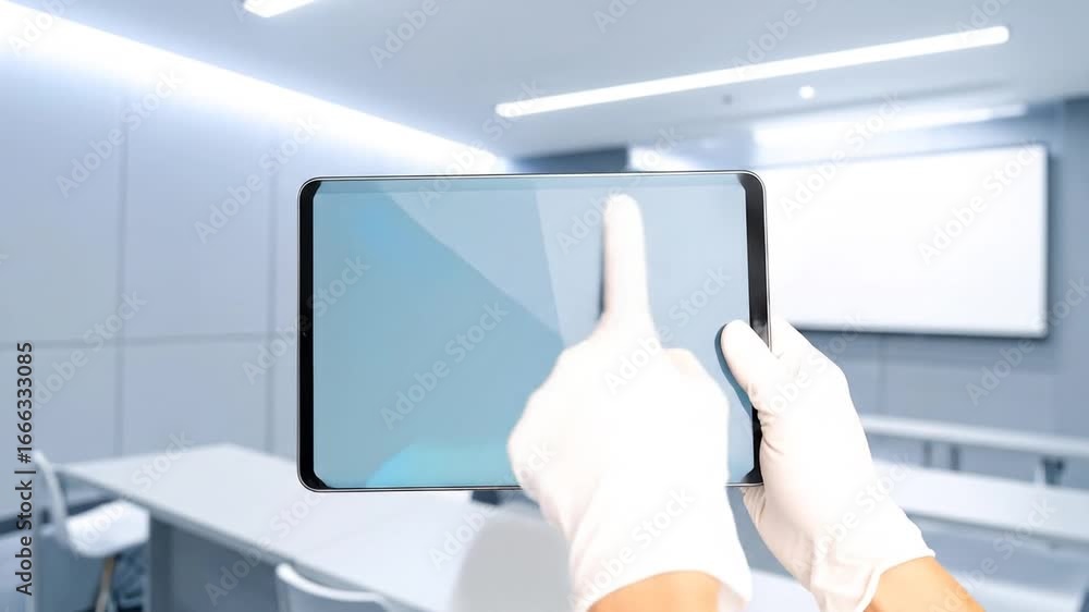 Aufkleber digital tablet interaction in a modern setting with hand gestures and technological display