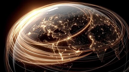Global network connections depicted on a 3D model of Earth. - Powered by Adobe