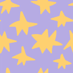 Fototapeta premium Vector funky hand-drawn seamless pattern with stars and xmas elements for children, colourful seasonal illustration for wrapping paper, scrapbook, or holiday decoration