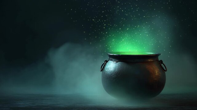 Cauldron with green glowing potion isolated on a dark foggy background