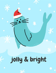 Vector smiling whimsical polar seal in Santa Claus cap jolly and bright card illustration. Joyful seasonal hand drawn background