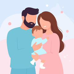 Obraz premium Loving family portrait - father, mother, and baby embracing, depicted in a modern flat illustration style with warm colors.