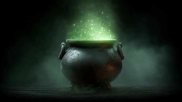 Cauldron with green glowing potion isolated on a dark foggy background