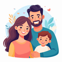 Smiling cartoon family portrait - father, mother, and son embracing warmly, expressing joy.