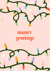 Christmas lights colorful garland ornament and season greetings typography. Vector illustration for festive xmas celebration, invitations, and holiday decor