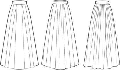 Long pleated skirt fashion flat sketch vector template, front technical drawing illustration with waistband design, elegant women apparel clothing garment outline illustration
