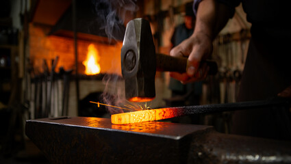 A blacksmith brings a heavy iron hammer down onto a glowing orange piece of heated metal resting on a black metal anvil
