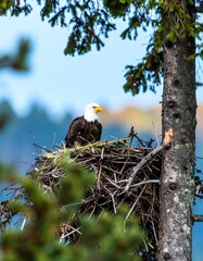 Majestic bald eagle perched atop a large nest in a pine tree against a clear sky.