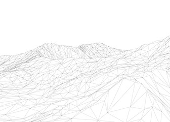 Black and white geometric mountain terrain with wireframe design, composed of various shapes and lines on a white background.