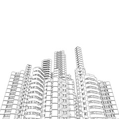 Fototapeta premium A sci-fi cityscape with a towering building featuring countless windows, drawn in clean black contour lines against a stark white background.