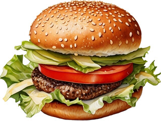 Grilled beef hamburger with vegetable slice drawing by watercolor.