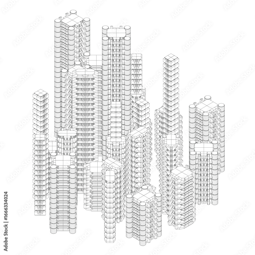 Poster sci-fi city wireframe drawing with symmetrical architecture, intricate details, and tall central bui