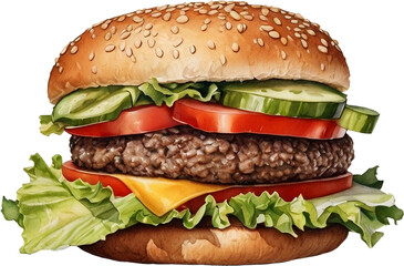 Grilled beef and cheese hamburger with vegetable slice drawing by watercolor.