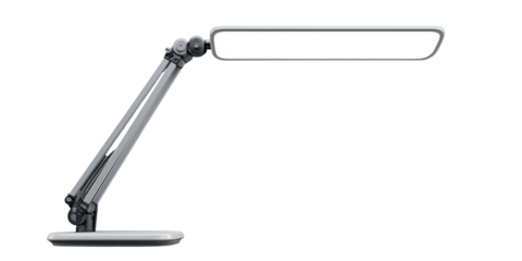 Adjustable, light gray desk lamp with a rectangular light panel