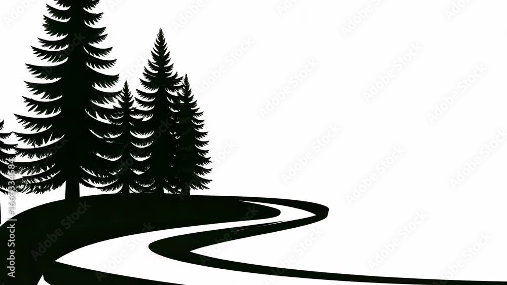 Poster winding path through silhouette trees in tranquil setting