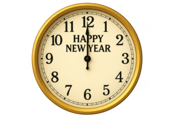 Golden clock showing midnight and wishing happy new year on transparent background