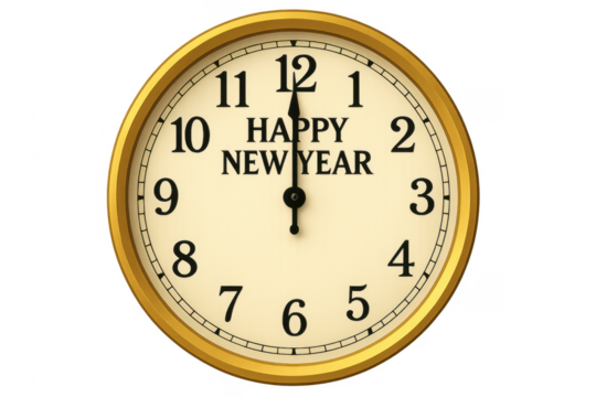Golden clock showing midnight and wishing happy new year on transparent background - Powered by Adobe