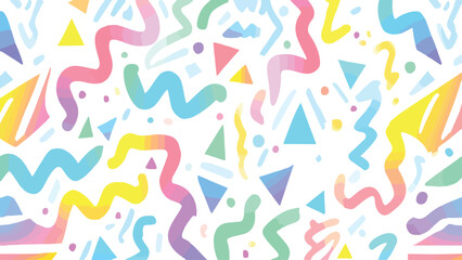 white background filled with colorful abstract shapes and wavy lines in  playful pattern.