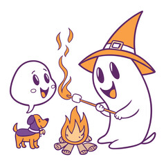Fototapeta premium Cute Halloween Scene – Two Small Ghosts Roasting