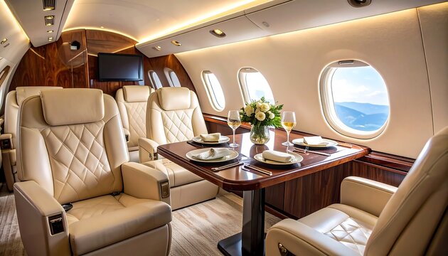 Luxurious private jet interior with dining area - Powered by Adobe