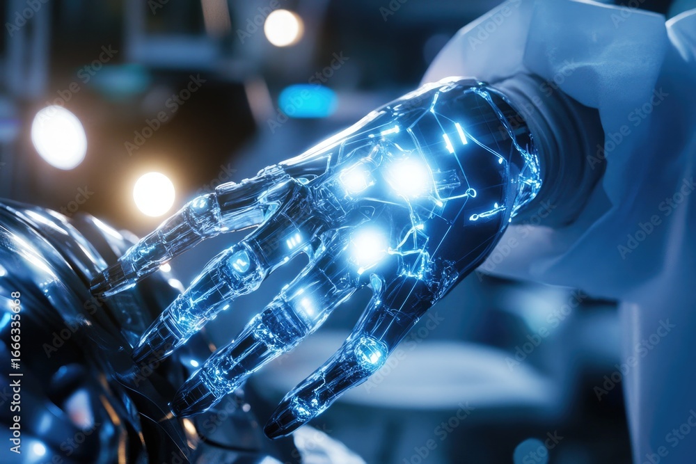 Poster futuristic robotic hand with advanced technology in high-tech environment
