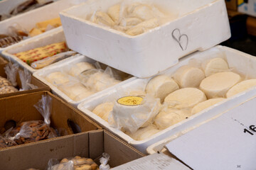 Cheeses and Nuts at Outdoor Market Stall Display