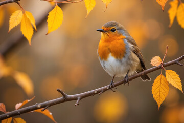 Fototapeta premium A small bird with orange and white feathers perched on a thin branch surrounded by yellow leaves, with a blurred background of more leaves and branches.